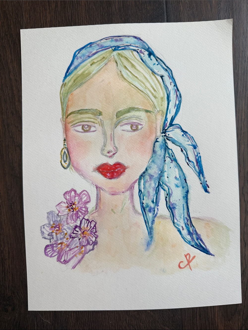 Framed Original Mixed Media Portrait - Woman, Travel, Flowers, Scarf, Red Lip